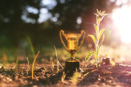 Golden trophy in nature. Concept of quality and ecofriendly awardの写真素材
