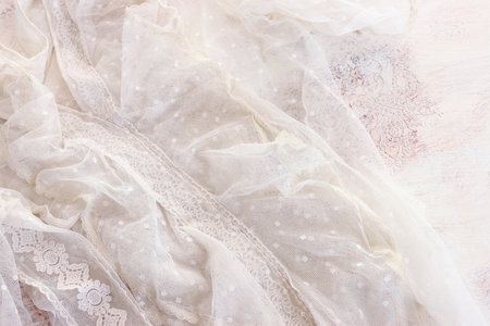 top view of vintage white lace dressの写真素材