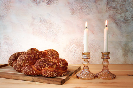 Image of Shabbat, challah bread, wine and candlesの写真素材