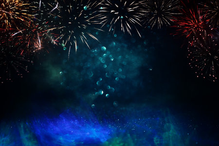 Abstract background of soft focus bokeh lights and fireworksの写真素材