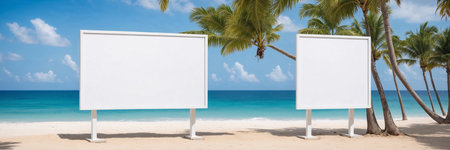 mock up for advertising concept with empty billboard and tropical summer backgroundの素材
