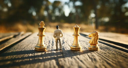 Image of chess pieces and miniature figure. Business, competition, strategy, leadership, and success conceptの写真素材