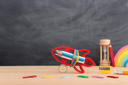 Back to school concept over classroom blackboard. Top viewの写真素材
