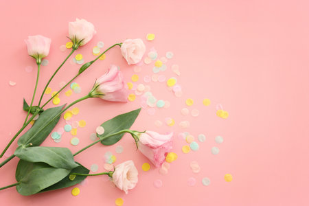 Top view image of pink flowers composition over pastel background .Flat layの写真素材