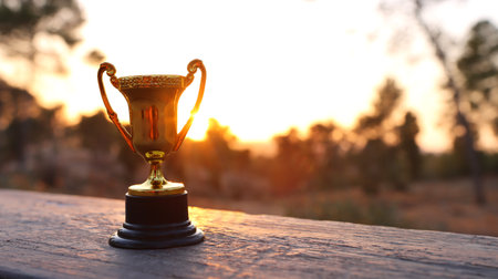 Golden trophy in nature. Concept of quality and ecofriendly awardの写真素材