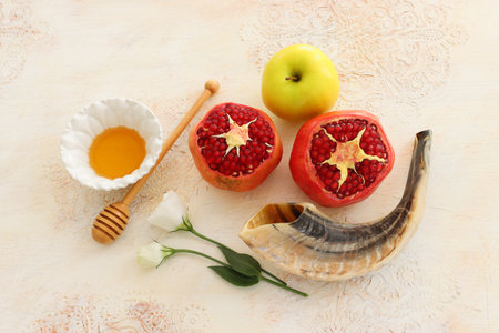 Rosh hashanah (jewish New Year holiday) concept. Traditional symbolsの写真素材