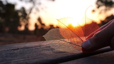 Transparent skeleton leaf in front of sunlightの写真素材