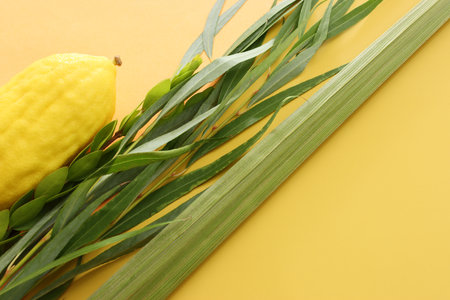 Jewish festival of Sukkot. Traditional symbols (The four species): Etrog (citron), lulav (palm...