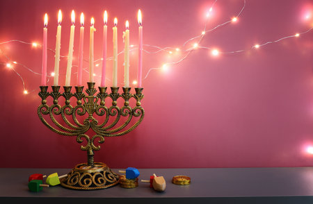 Religion image of jewish holiday Hanukkah background with menorah (traditional candelabra) and candlesの写真素材