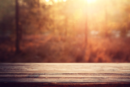 Empty rustic table in front of countryside background. product display and picnic conceptの写真素材