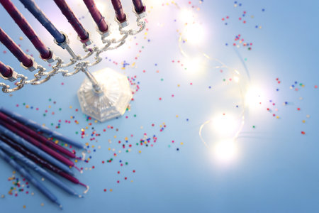 Religion image of jewish holiday Hanukkah background with menorah (traditional candelabra) and candlesの写真素材
