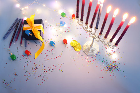 Religion image of jewish holiday Hanukkah background with menorah (traditional candelabra) and candlesの写真素材