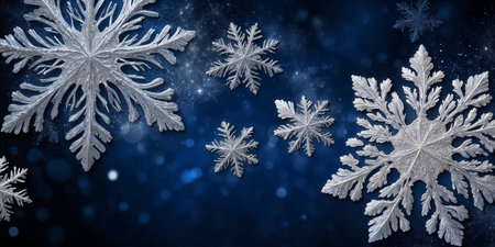 Magical white snowflakes over glitter blue dark backgroundの素材