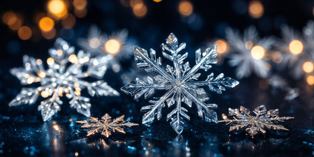 Magical white snowflakes over glitter dark backgroundの素材