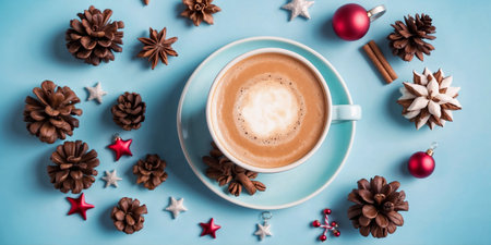 Cup of coffee top view over Christmas backgroundの素材