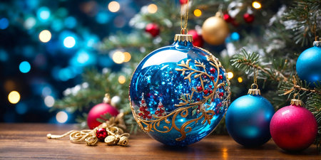 Christmas tree decoration in front of a glittery backgroundの素材