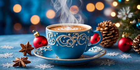 Cup of coffee over table and Christmas backgroundの素材