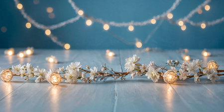 table board and garland lights background. product display conceptの素材