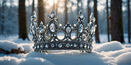 banner of beautiful queen or king silver crown over white snow in front of forest background. fantasy medieval periodの素材