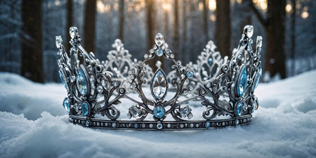 banner of beautiful queen or king silver crown over white snow in front of forest background. fantasy medieval periodの素材