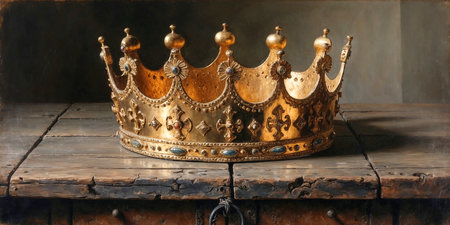 beautiful queen or king crown over old table. fantasy medieval periodの素材