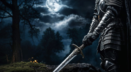 Knight in armor at night holding a swordの素材