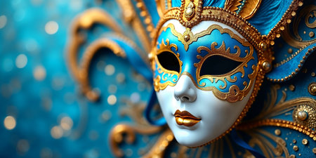 Blue Venetian mask with gold decorations on a glittery backgroundの素材
