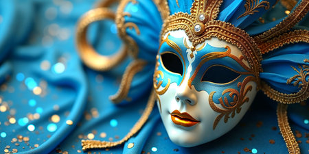 Blue Venetian mask with gold decorations on a glittery backgroundの素材