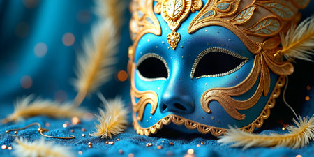 Blue Venetian mask with gold decorations on a glittery backgroundの素材