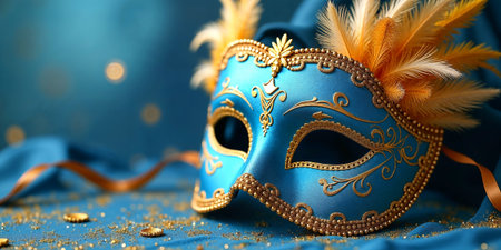 Blue Venetian mask with gold decorations on a glittery backgroundの素材