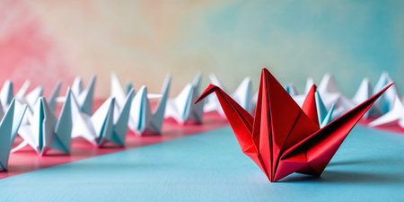 Concept image of paper birds following the leader. Metaphor of teamwork and successの素材
