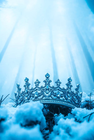 banner of beautiful queen or king silver crown over white snow in front of forest background. fantasy medieval periodの素材