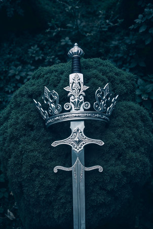 beautiful king crown over moss in front of dark forest background. fantasy medieval periodの素材