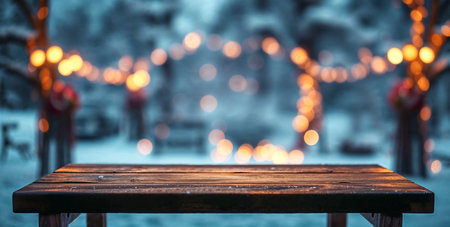 background of wooden table in front of blurred lightsの素材