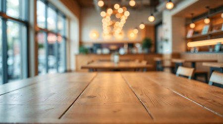 background of wooden table in front of blurred restaurantの素材