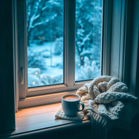 cup of hot chocolate and knitting accessories on the wooden window sillの素材