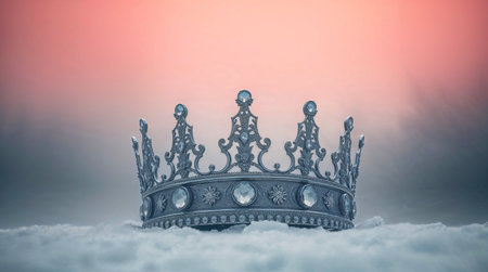 beautiful queen or king silver crown over white snow in front of forest background. fantasy medieval periodの素材
