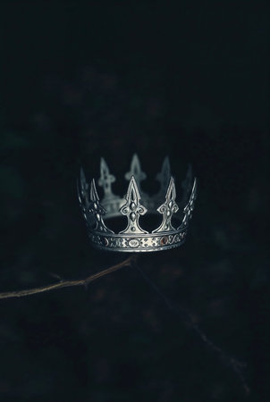 banner of beautiful queen or king crown hangs on a bare branch in front of dark forest background. fantasy medieval periodの素材
