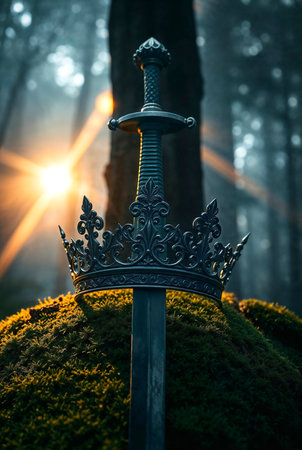 beautiful king crown over moss in front of dark forest background. fantasy medieval periodの素材