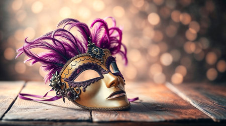 Beautiful venetian mask over wooden tableの素材