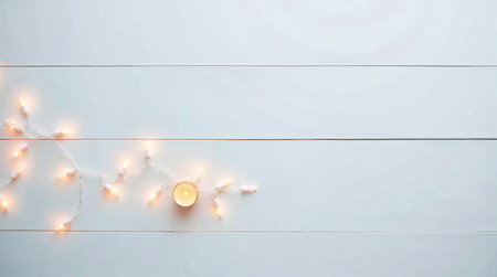 table and garland lights background. product display conceptの素材