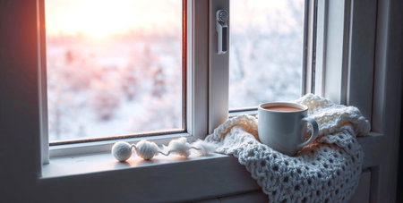 cup of hot chocolate and knitting accessories on the wooden window sillの素材