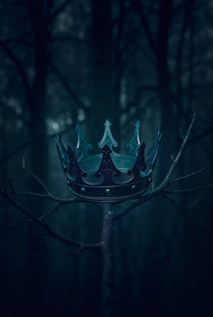 beautiful queen or king crown hangs on a bare branch in front of dark forest background. fantasy medieval periodの素材