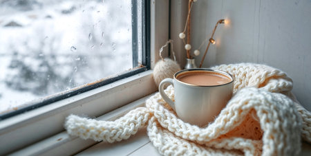 cup of hot chocolate and knitting accessories on the wooden window sillの素材