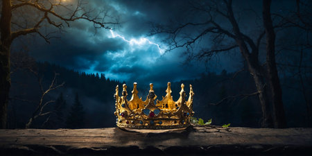 low key banner of beautiful queen or king crown over moss in front of dark forest background. fantasy medieval periodの素材