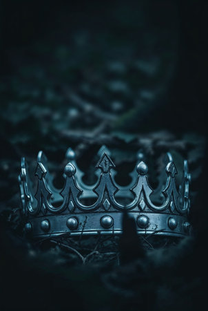 beautiful queen or king crown over ground in the dark forest background. fantasy medieval periodの素材
