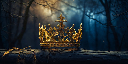 low key banner of beautiful queen or king crown over moss in front of dark forest background. fantasy medieval periodの素材