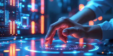 A man's hand touches a futuristic screenの素材