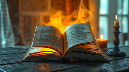 Magical image of open antique book over wooden table with glitter lightsの素材