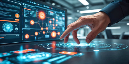 A man's hand touches a futuristic screenの素材